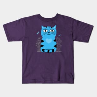 Bright Eyed Blue Kitty With Big Heart In The Garden Kids T-Shirt